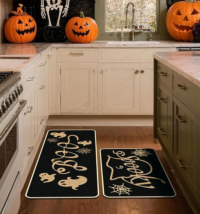 Halloween Kitchen Mat Set of 2 | Spider Web & Ghost Design, Non-Slip, 17x29" & 17x47"