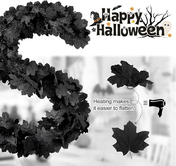Black Maple Leaf Halloween Garland, Set of 2 | 5.7 FT Artificial Hanging Vine for Mantle & Fireplace