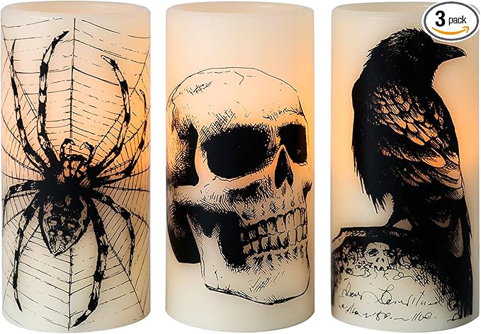 Halloween Flameless Candles Set of 3 | Flickering LED Real Wax with 6-Hour Timer, Skull & Spider Web Decals