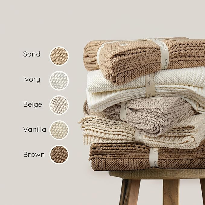 MakeMake Organics Organic Throw Blanket GOTS Certified Organic Cotton Blanket Chunky Knit Super Soft Cozy Fall Winter Large Adults Throw Blanket (50x60, Vanilla)