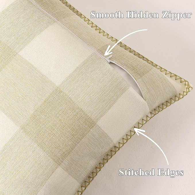 Buffalo Plaid Check Fall Throw Pillow Covers 18x18 Set of 2, Outdoor Decorative Farmhouse Pillow Covers with Stitched Edge for Bed Couch Sofa, Cream White and Beige