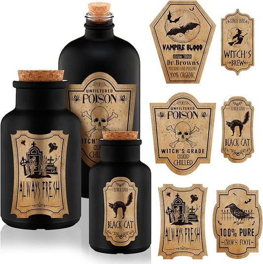 Black Glass Potion Bottles Set of 3 | Halloween Apothecary Jars with Cork & Labels