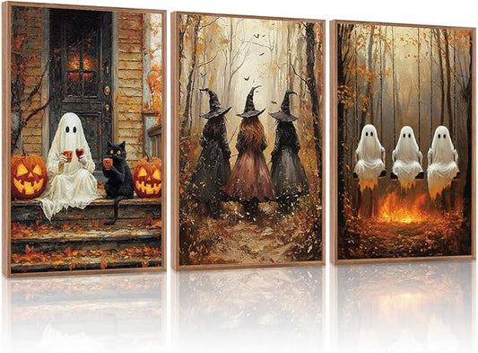 Halloween Witch & Ghost Framed Canvas Wall Art | Set of 3 (16"x24")