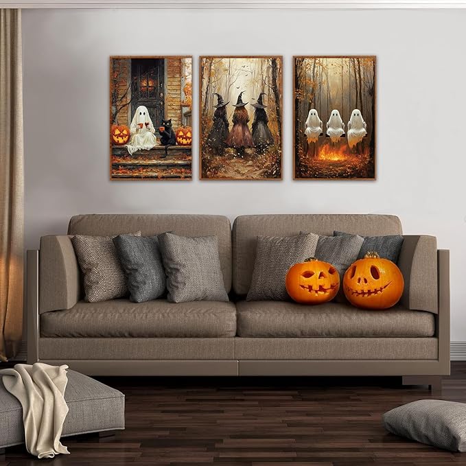 Halloween Witch & Ghost Framed Canvas Wall Art | Set of 3 (16"x24")