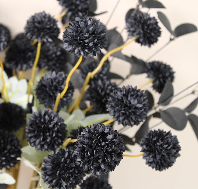 Black Artificial Mum & Eucalyptus Stems, 10 Stems | Gothic Halloween Floral Centerpiece, Faux Silk