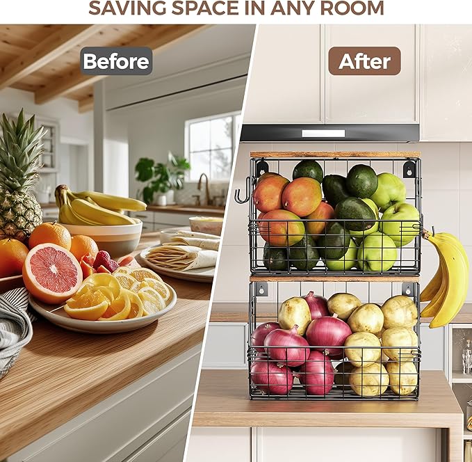 Delamu 2-Pack Stackable Metal Fruit Basket with Wood Lid-Wall Mounted & Countertop Organizer for Kitchen,Pantry- Ventilated Storage for Onions,Potatoes,Fruits,Spices (12"x 8"x 8-5/16")