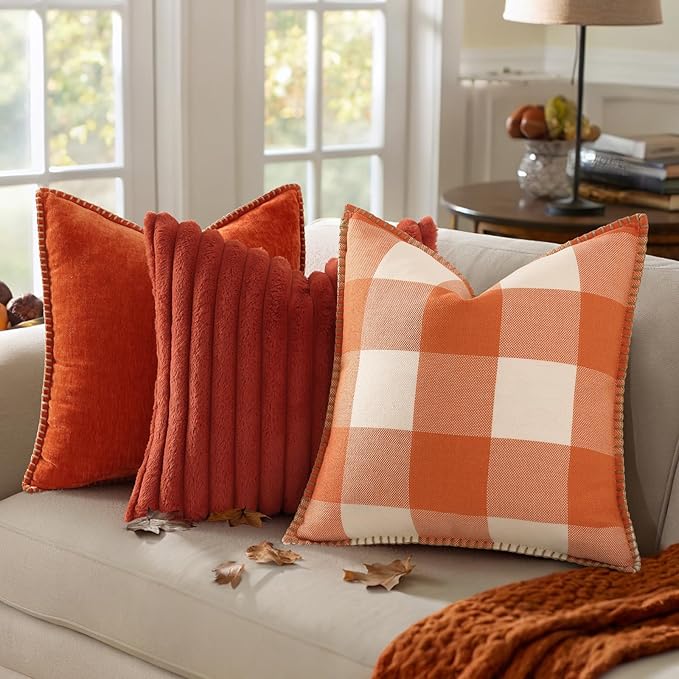decorUhome Fall Orange and White Decorative Throw Pillow Covers 24x24 Set of 2, Buffalo Plaid Check Farmhouse Cushion Covers with Stitched Edge for Autumn Harvest Couch Sofa Bed Home Decor