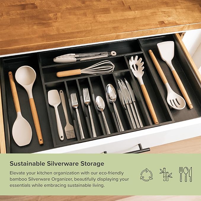 Expandable Bamboo Drawer Organizer | 11-Compartment Flatware & Utensil Tray — 18" to 33" Wide