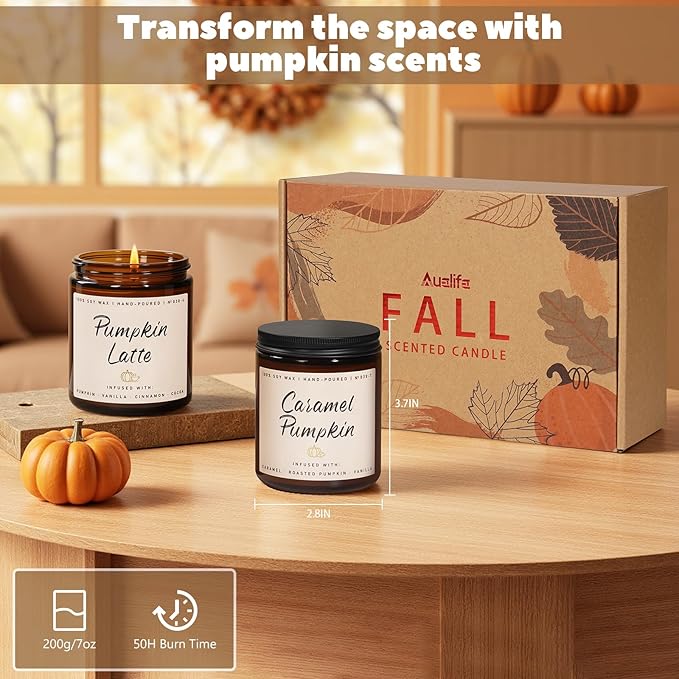 Auelife Fall Candles, Pumpkin Latte Scented Candle – Fall Soy Candle for Home | Autumn Aromatherapy Candles| Pumpkin Scented for Autumn