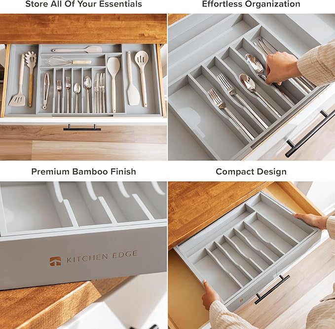 Premium Silverware, Flatware and Utensil Organizer for Kitchen Drawers, Food-Safe Contract Grade, Expandable from 18 to 33 In, Gray Bamboo