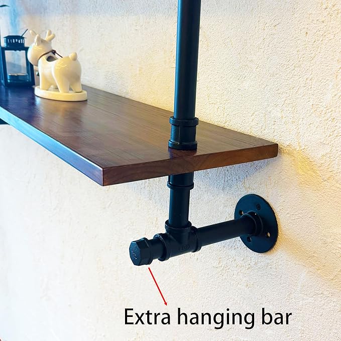 70" Industrial Pipe Floating Shelves | 2-Tier Solid Wood Wall Shelf, Dark Brown