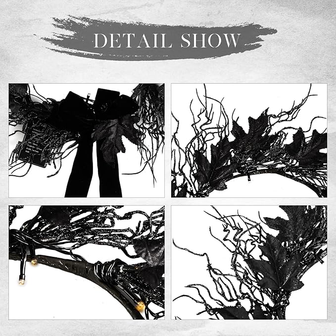 Black LED Halloween Wreath, 16" | Color-Changing Lights with Timer, Front Door & Mantel Decor