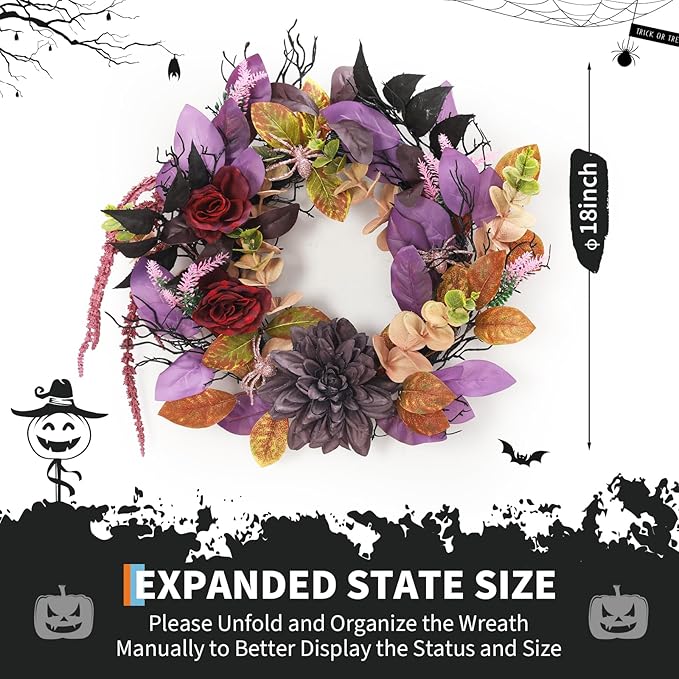 Halloween Rose & Spider Wreath, 18" | Red & Purple Front Door Decoration, Indoor Outdoor