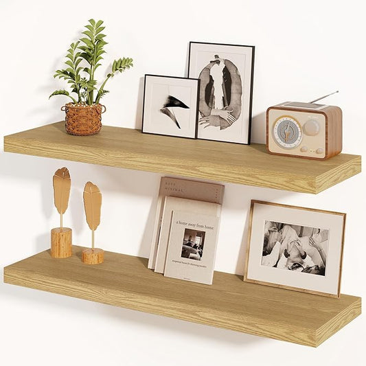 Fun Memories Floating Shelves 36 Inch Long, Deep Floating Shelf for Wall, 36 x 8 Floating Shelves Set of 2, 8 Inch Deep Wall Shelf for Living Room, Kitchen, Bedroom, Large Storage Shelves, Oak Color