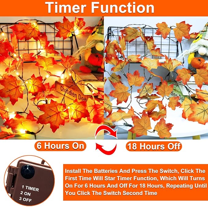 Fall Maple Leaf Garland with LED Lights, Set of 2 | 13 FT Battery-Operated with Timer, Indoor & Outdoor