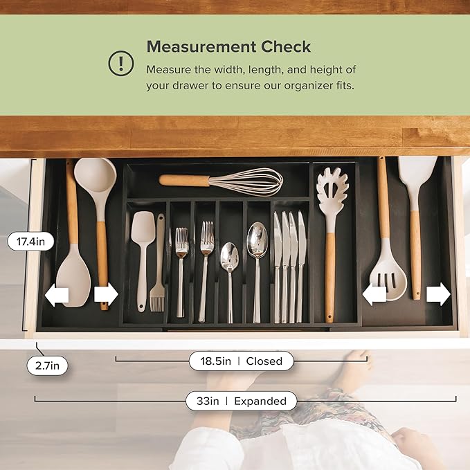 Expandable Bamboo Drawer Organizer | 11-Compartment Flatware & Utensil Tray — 18" to 33" Wide