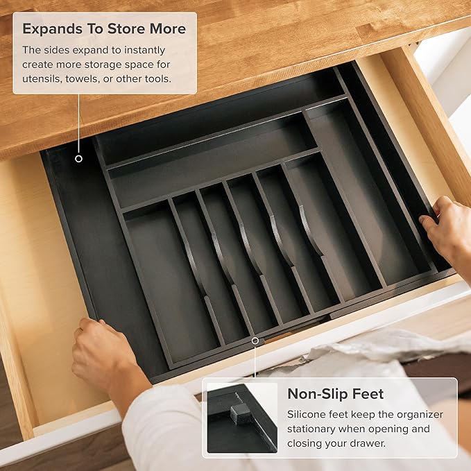 Expandable Bamboo Drawer Organizer | 11-Compartment Flatware & Utensil Tray — 18" to 33" Wide