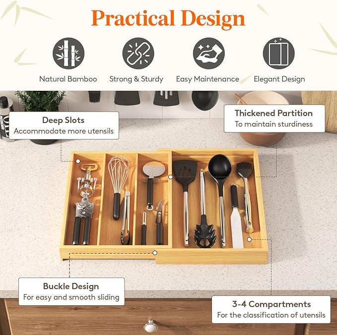 Lifewit Utensil Drawer Organizer, Expendable Cooking Silverware Tray for Kitchen Drawer, Bamboo Adjustable Cutlery Flatware Holder, Spatula Tools and Gadgets Storage Divider, 4 Compartments, Natural