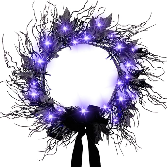 Black LED Halloween Wreath, 16" | Color-Changing Lights with Timer, Front Door & Mantel Decor