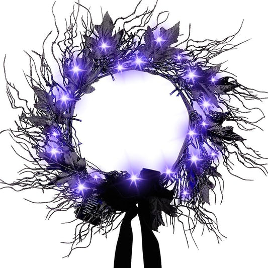 Black LED Halloween Wreath, 16" | Color-Changing Lights with Timer, Front Door & Mantel Decor