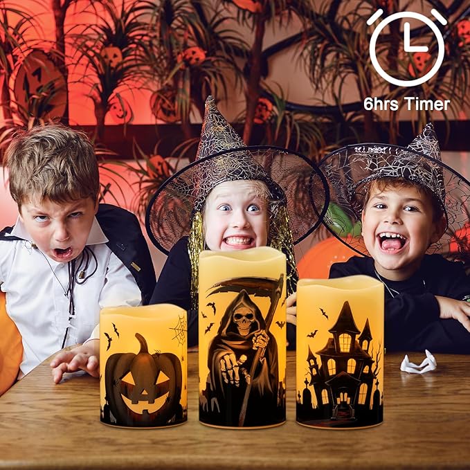 Halloween Flameless Pillar Candles with Timer | Set of 3 (Grim Reaper, Haunted House, Pumpkin)