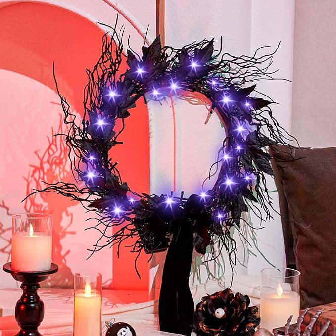 Black LED Halloween Wreath, 16" | Color-Changing Lights with Timer, Front Door & Mantel Decor