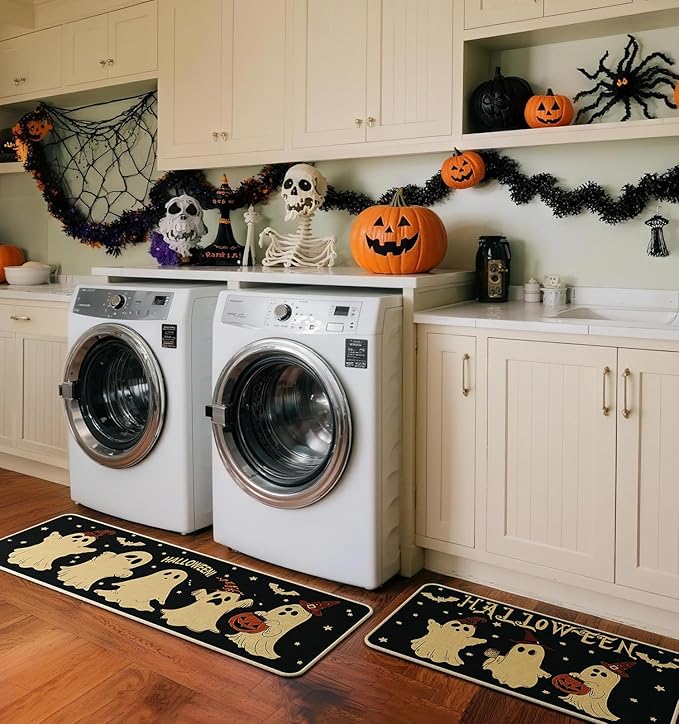 Halloween Kitchen Mat Set of 2 | Pumpkin, Ghost & Bat Design, Non-Slip, 17x29" & 17x47"