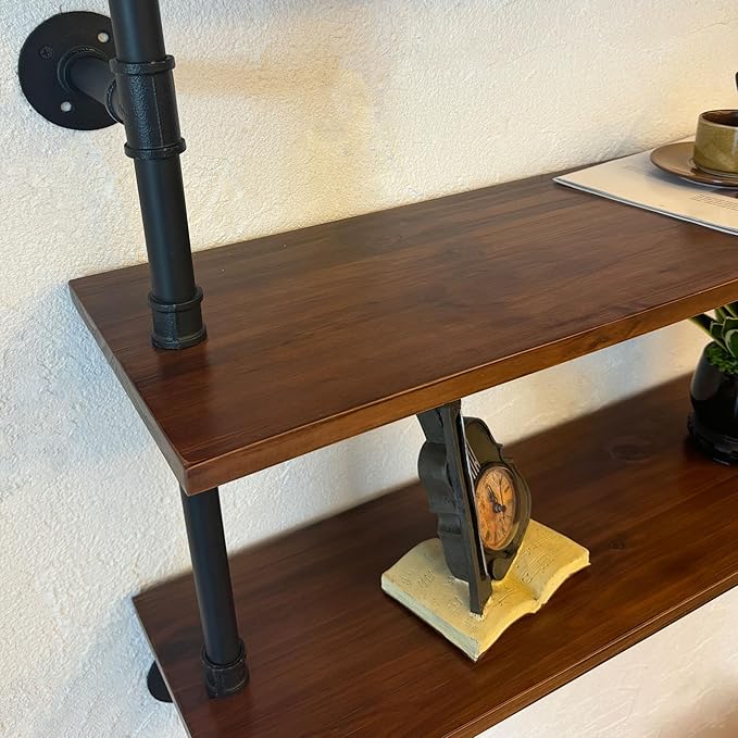 70" Industrial Pipe Floating Shelves | 2-Tier Solid Wood Wall Shelf, Dark Brown