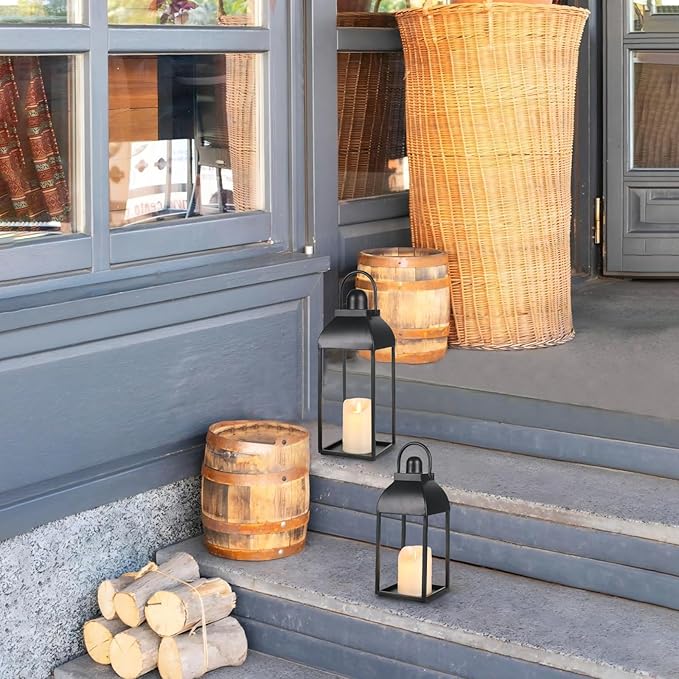 Black Metal Farmhouse Candle Lanterns, Set of 2 | Indoor & Outdoor, 13" & 17"