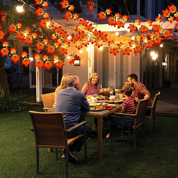 Fall Maple Leaf Garland with LED Lights, Set of 2 | 13 FT Battery-Operated with Timer, Indoor & Outdoor