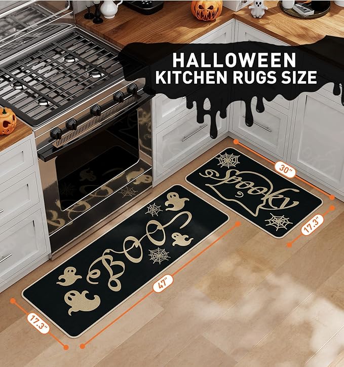 Halloween Kitchen Mat Set of 2 | Spider Web & Ghost Design, Non-Slip, 17x29" & 17x47"