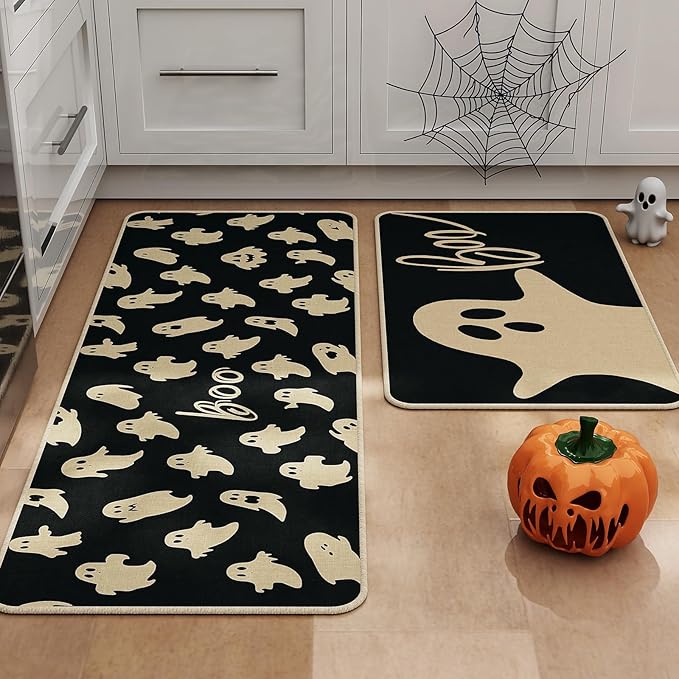 Halloween Kitchen Mat Set of 2 | Ghost & Boo Design, Non-Slip, 17x29" & 17x47"