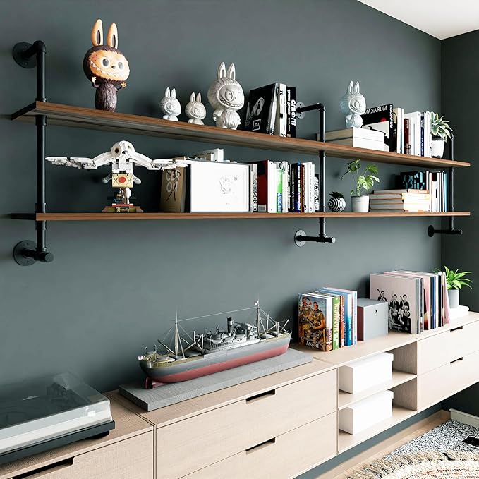 70" Industrial Pipe Floating Shelves | 2-Tier Solid Wood Wall Shelf, Dark Brown