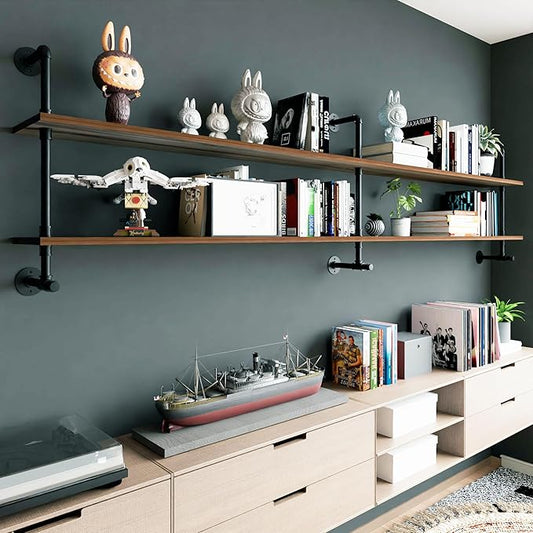 70" Industrial Pipe Floating Shelves | 2-Tier Solid Wood Wall Shelf, Dark Brown