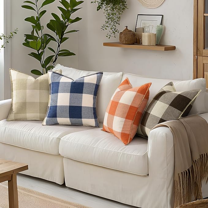 Buffalo Plaid Check Fall Throw Pillow Covers 18x18 Set of 2, Outdoor Decorative Farmhouse Pillow Covers with Stitched Edge for Bed Couch Sofa, Cream White and Beige