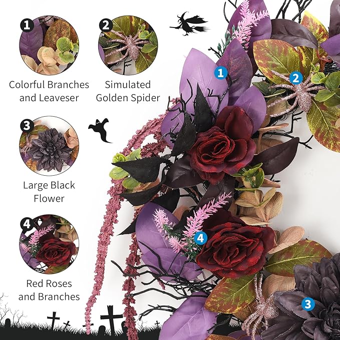 Halloween Rose & Spider Wreath, 18" | Red & Purple Front Door Decoration, Indoor Outdoor