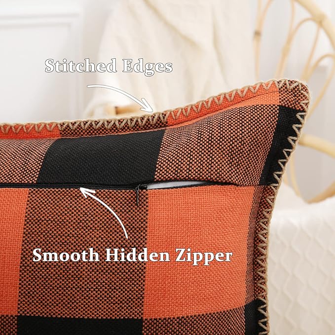 decorUhome Fall Orange and Black Decorative Throw Pillow Covers 22x22 Set of 2, Buffalo Plaid Check Farmhouse Cushion Covers with Stitched Edge for Autumn Harvest Couch Sofa Bed Home Decor