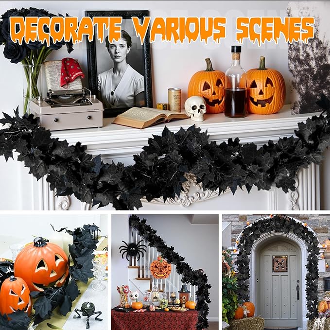 Black Maple Leaf Halloween Garland, Set of 2 | 5.7 FT Artificial Hanging Vine for Mantle & Fireplace