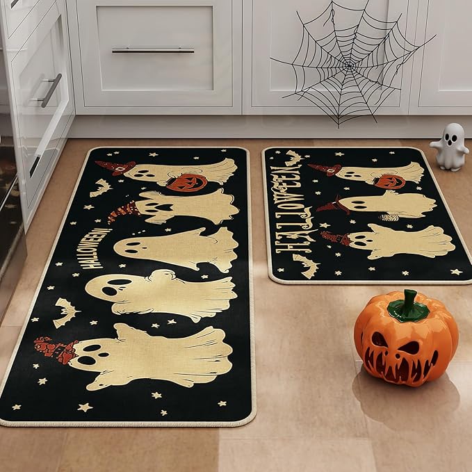 Halloween Kitchen Mat Set of 2 | Pumpkin, Ghost & Bat Design, Non-Slip, 17x29" & 17x47"