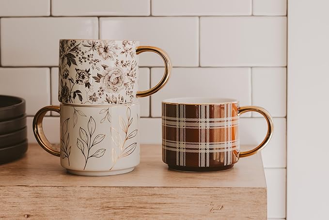 Sweet Water Decor Gold Leaves Mug with Gold Handle, 14oz Fine Bone China Coffee Cup