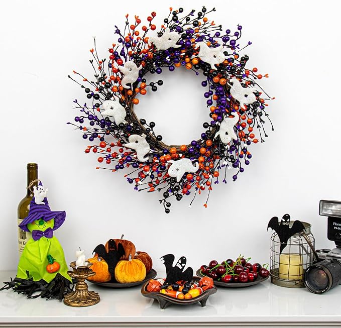 Halloween Berry Wreath with Ghost Accents, 20" | Handmade Orange & Black Front Door Decor