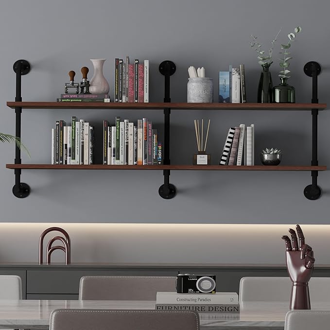 70" Industrial Pipe Floating Shelves | 2-Tier Solid Wood Wall Shelf, Dark Brown