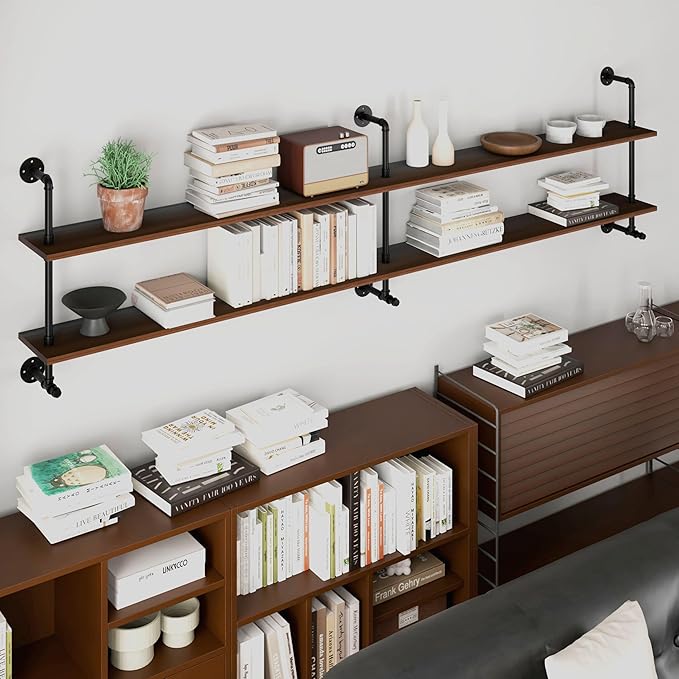 70" Industrial Pipe Floating Shelves | 2-Tier Solid Wood Wall Shelf, Dark Brown
