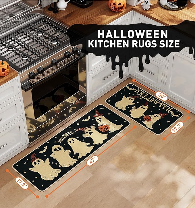 Halloween Kitchen Mat Set of 2 | Pumpkin, Ghost & Bat Design, Non-Slip, 17x29" & 17x47"