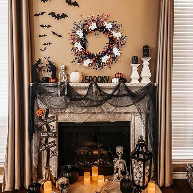 Halloween Berry Wreath with Ghost Accents, 20" | Handmade Orange & Black Front Door Decor