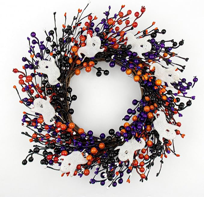 Halloween Berry Wreath with Ghost Accents, 20" | Handmade Orange & Black Front Door Decor