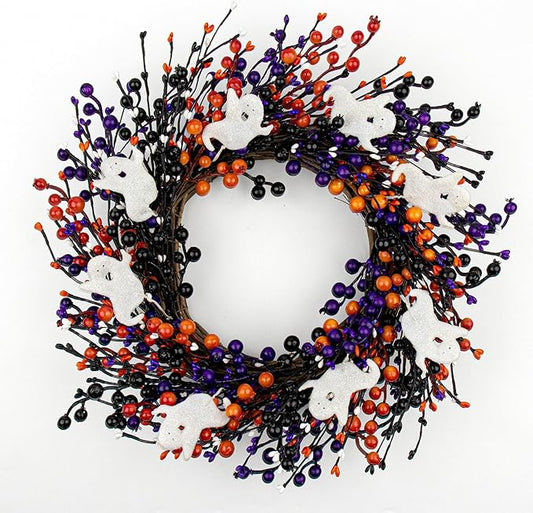 Halloween Berry Wreath with Ghost Accents, 20" | Handmade Orange & Black Front Door Decor