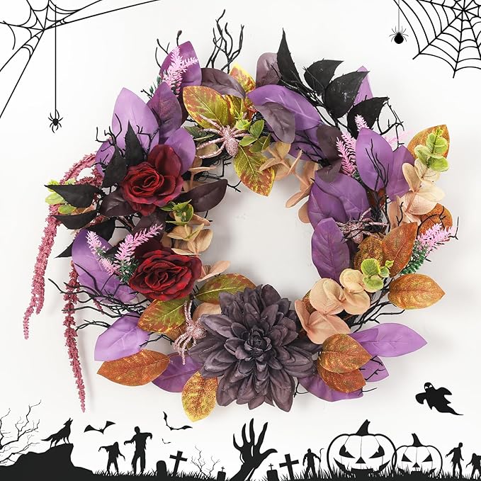 Halloween Rose & Spider Wreath, 18" | Red & Purple Front Door Decoration, Indoor Outdoor