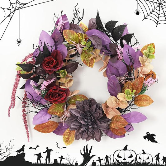 Halloween Rose & Spider Wreath, 18" | Red & Purple Front Door Decoration, Indoor Outdoor