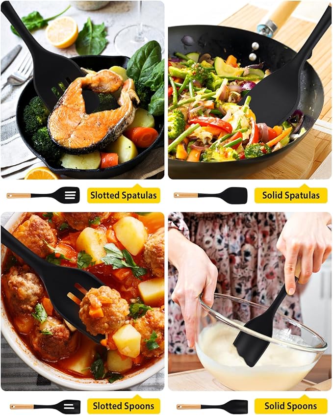 Silicone Kitchen Utensils Set of 4 | BPA-Free, Heat-Resistant with Wooden Handles, Black
